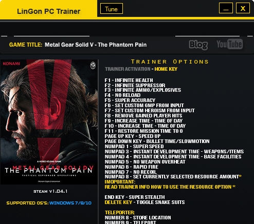 合金装备5幻痛1.09二十六项修改器 v3.4 合金装备5幻痛1.09二十六项修改器 v3.4