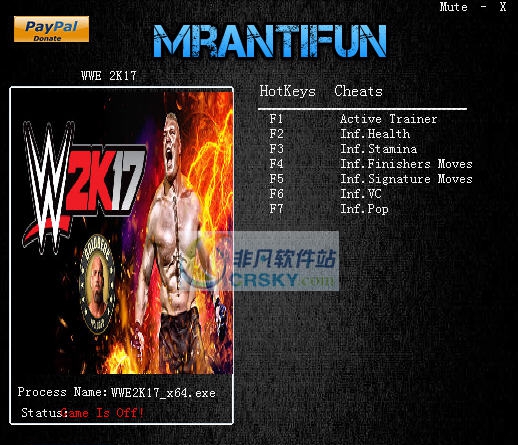 WWE2K17六项修改器 MrAntiFunv1.3 WWE2K17六项修改器 MrAntiFunv1.3