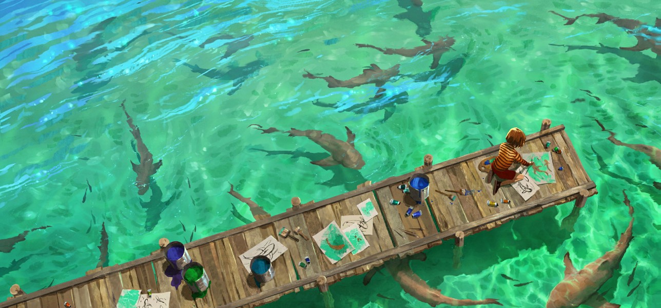 Wallpaper Engine小男孩的码头鲨群绘图动态壁纸 v1.5