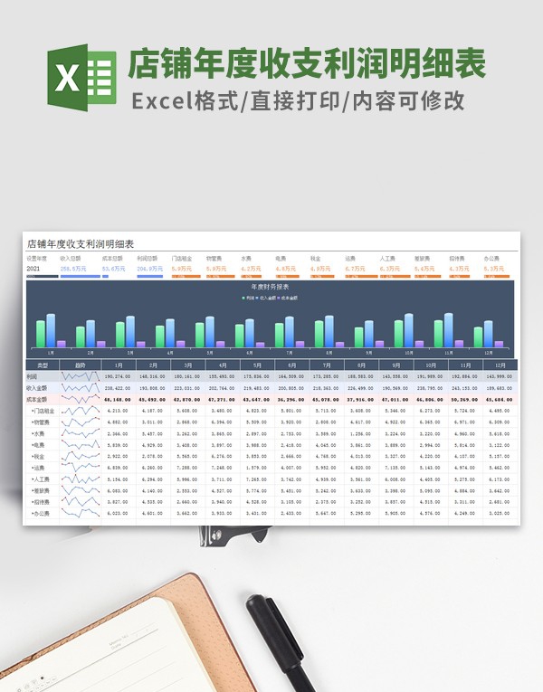 店铺年度收支利润明细表模板 v3.90 店铺年度收支利润明细表模板 v3.90