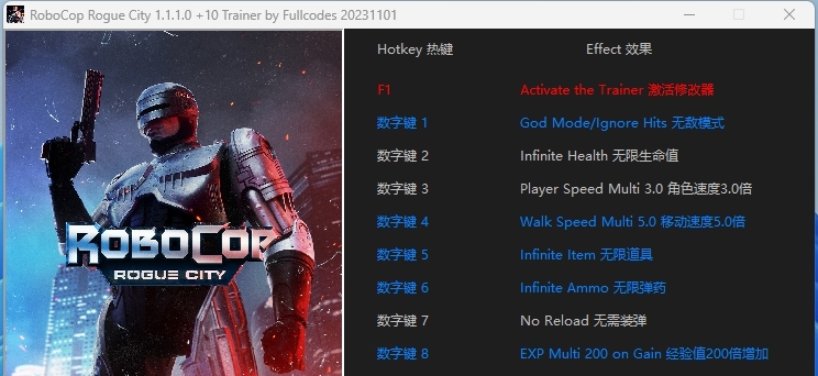 机械战警暴戾都市10项修改器 v1.1.1.1 机械战警暴戾都市10项修改器 v1.1.1.1